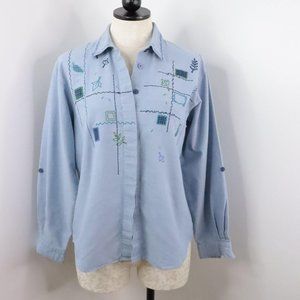 Napa Valley Petites Women's M Blue Embroidered Leaf Button-Up Roll-Tab Shirt
